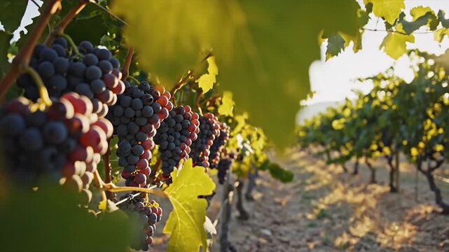 Vineyard Rows at Sunset with Ripe Grapes.