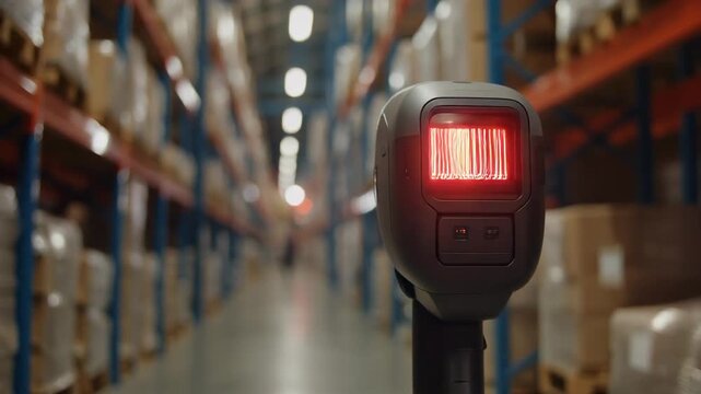 Automated Warehouse Robot Scanning Barcodes with Red Laser in Modern Distribution Center