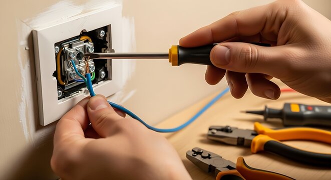 Person hands using pliers and screwdriver on electrical outlet