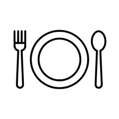 Minimalist line icon of dinner plate with fork and spoon