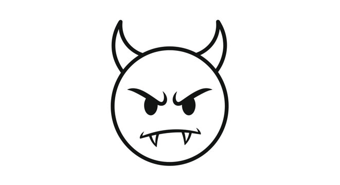 Minimalist line art devil emoji icon featuring a round face with horns and sharp fangs on a white background.