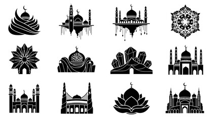 Obraz premium This exclusive collection of twelve black vector icons showcases elegant and creative mosque designs inspired by Islamic art and architectural beauty. Featuring symbolic representations of artistic