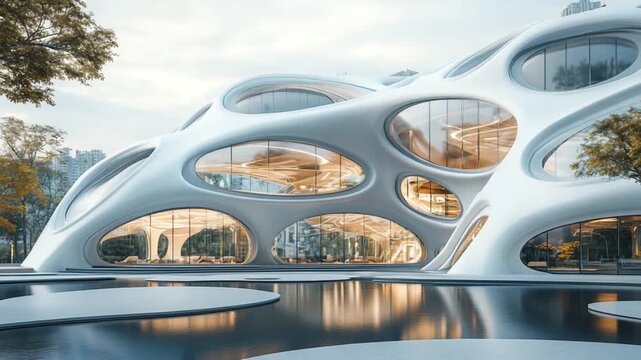 Large contemporary building with rounded windows reflecting trees and sky on a cloudy day near a body of water.