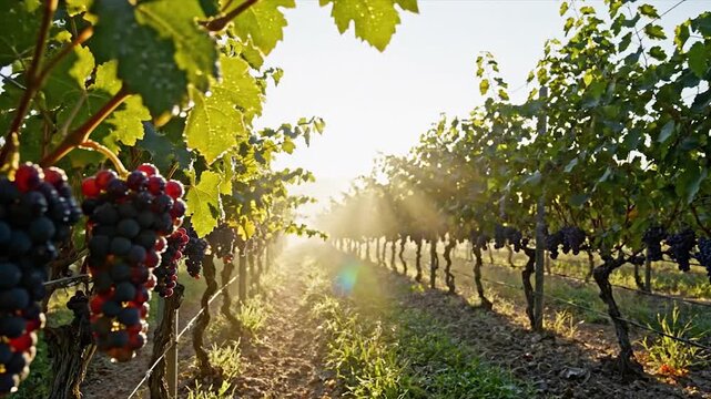 Vineyard Rows Bathed in Golden Sunlight During Harvest Season.