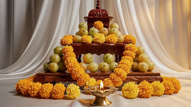 Amalaki Ekadashi Wooden Podium Stage with Green Amla Fruits and Marigold Flowers