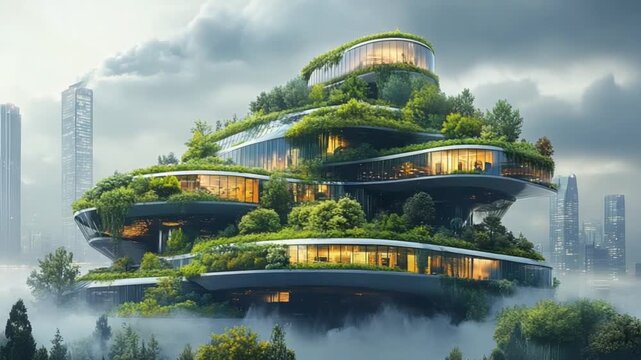 A futuristic, multi-tiered building with lush greenery and warm lighting rises above foggy cityscape with skyscrapers under cloudy sky.