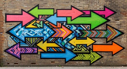 Fototapeta premium Vibrant street art arrows on urban brick wall background