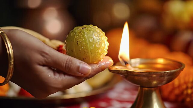 Amalaki Ekadashi Offering Amla Fruit to Glowing Brass Lamp