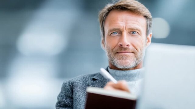 Focused Business Planning: An executive, engrossed in his work, meticulously reviews notes in his notebook while seated. A compelling picture of focused work and ambition.