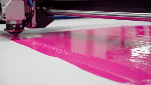 Close-up of industrial machine applying pink liquid or particles onto white surface