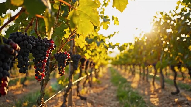 Vineyard rows bathed in golden sunlight with ripe grapes ready for harvest.