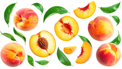 Naklejka premium Assortment of peaches and slices with vibrant green leaves, arranged against a black background