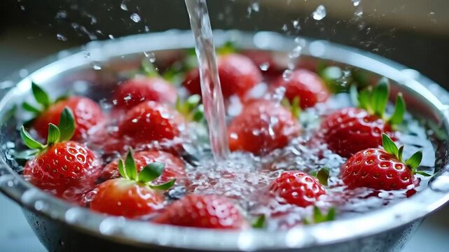 Red strawberries in a colander being cleaned by a stream of water. Fresh fruit washing process for hygiene and food preparation.