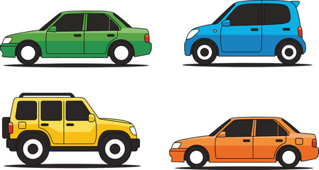 Fototapeta premium Flat vector car collection with sedan hatchback and suv isolated on white background for city traffic transportation infographic and automotive web design elements