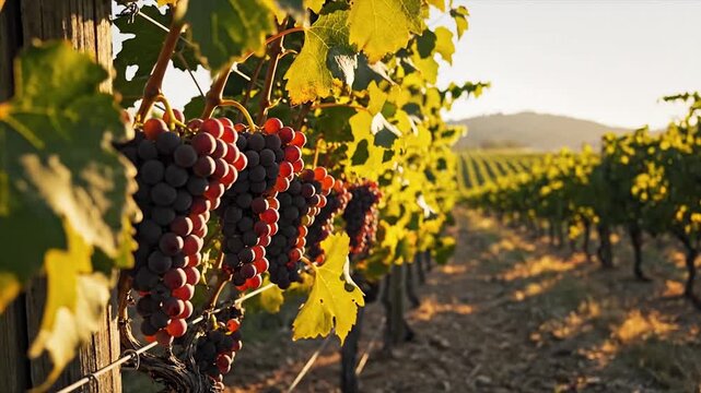 Vineyard rows with ripe red grapes in golden sunlight.