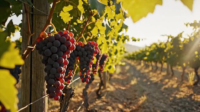 Vineyard rows with ripe red grapes on the vine at sunset.