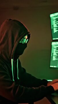 Man hacker in glasses and hooded sweatshirt coding on computer, typing on keyboard. Dark internet cyber security and data protection.