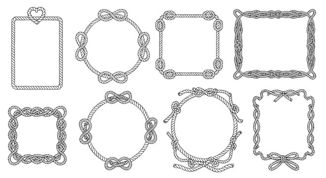 Collection of nautical rope frames in various shapes including circles, squares, and rectangles with decorative knots.