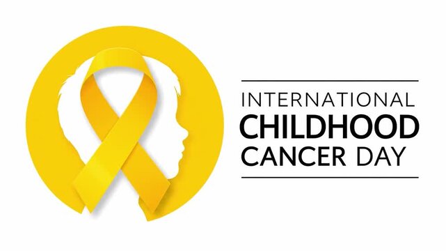 Graphic illustration of a yellow ribbon in a circle with a child's profile for International Childhood Cancer Day on a white background with black text.
