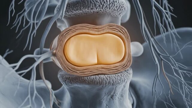 Close up medical animation of lumbar spine disc degeneration showing damaged cartilage and compressed nerves suitable for healthcare and spinal research content