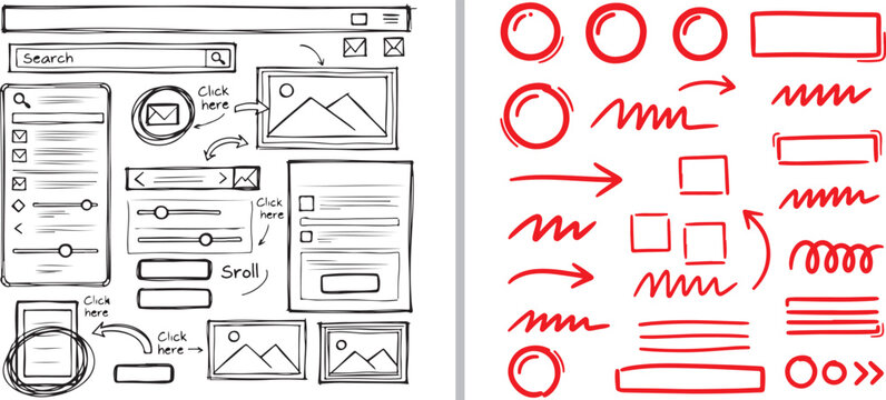 Hand-drawn vector set featuring a sketchy black-and-white website wireframe with search bars and menus, alongside a collection of vibrant red UI elements like arrows, circles, and zigzags.