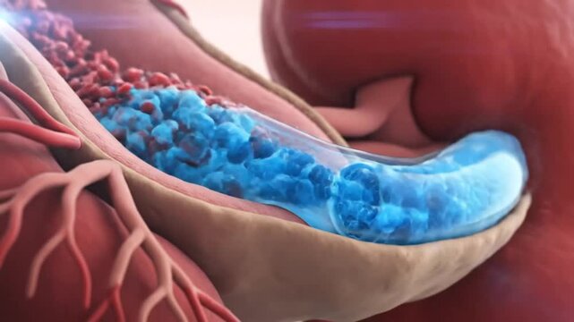 Blood clot dissolution: Animation illustrating the breakdown of a blockage in a blood vessel