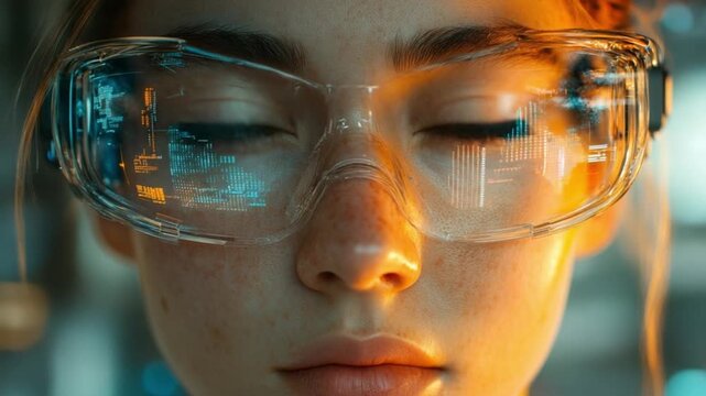 Close-up portrait of a woman wearing clear safety goggles with a blurred background and warm lighting conveying a focused mood.