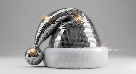 Festive Christmas Santa Hat with Disco Ball Mirror Tiles, Reflective Holiday Party Concept for Seasonal Celebration
