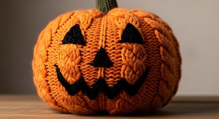 Knitted Orange Yarn Halloween Pumpkin, Cozy Jack-o'-Lantern Craft, Autumn Decor Concept
