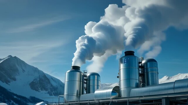 industrial chimney emerging smoke Amid Snowy Mountains