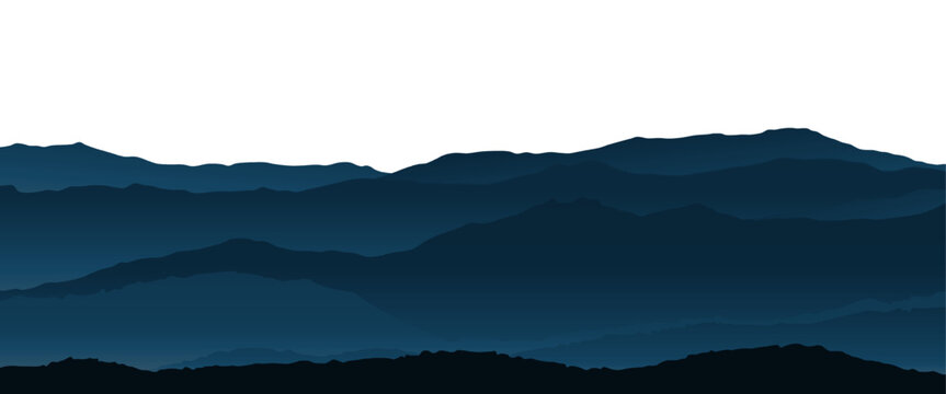 Abstract layered mountain landscape silhouette in dark blue tones, panoramic foggy hills nature background, minimalist vector style scenery isolated on transparent background PNG
