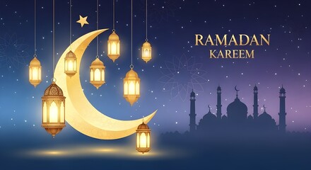 Ramadan Kareem Greeting Background with Golden Crescent Moon and Hanging Lanterns