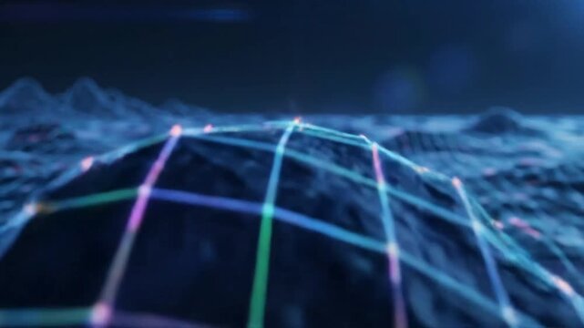 Abstract Digital Landscape Animated Animation with Gridded Surface Futuristic Blue Hues and Visual Effects