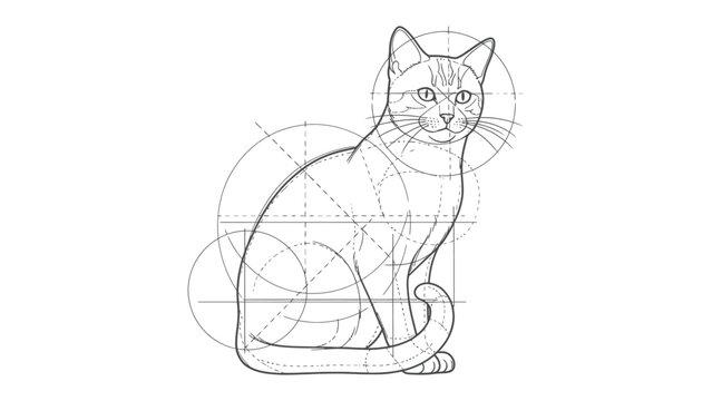 Cat Anatomy Study: A detailed illustration showcasing the elegant form of a cat, complemented by the underlying geometric structure.