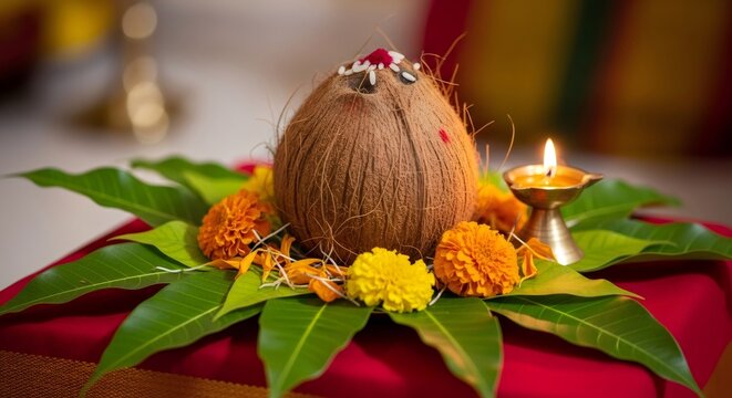 Traditional coconut puja decoration with mango leaves and marigold flowers. Hindu religious offering for Dussehra festival. Cultural prayer ceremony.