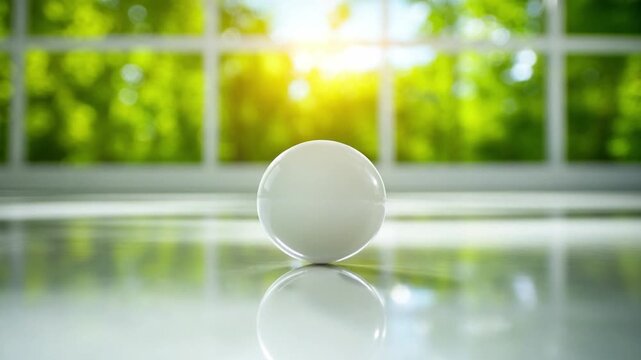 Serene Sphere: A pristine white sphere rests elegantly on a glossy surface, reflecting the soft glow of a sunlit window. The scene radiates a sense of peace, balance and simplicity.