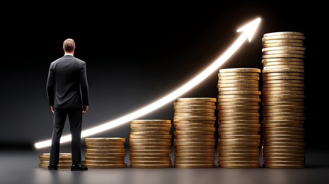 Visualizing financial success: A determined individual, standing before a rising graph of stacked coins, represents financial growth and goal-oriented investment. 