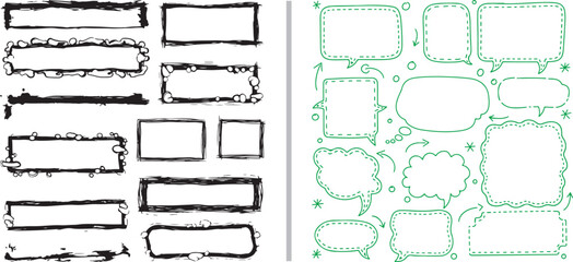 Obraz premium Hand-drawn vector set featuring black ink borders with loopy and jagged edges alongside a collection of light green speech bubbles in various organic shapes, cloud styles, and dotted outlines.