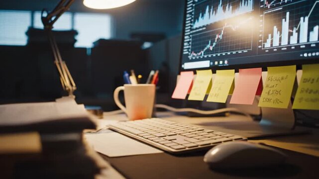 Computer monitor displays financial charts on a busy desk in a dark office during late night work