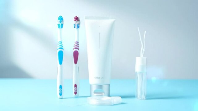 Dental hygiene and teeth care tools arranged on a light blue surface with a clean background.