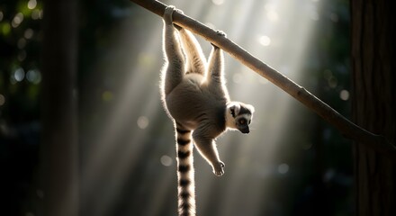Fototapeta premium A ring-tailed lemur hangs upside down from a tree branch in a sun-dappled rainforest, its striped tail prominent.