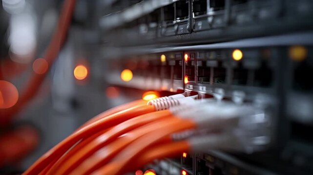 Orange ethernet cables connected to server switch with blinking data lights in modern data center