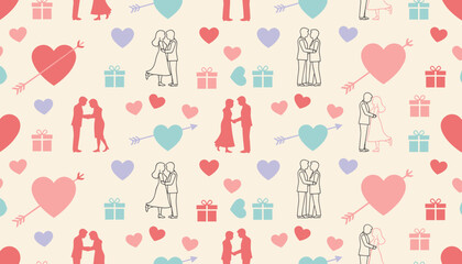 Valentines Day seamless pattern with loving couples hearts and gifts Romance and celebration background