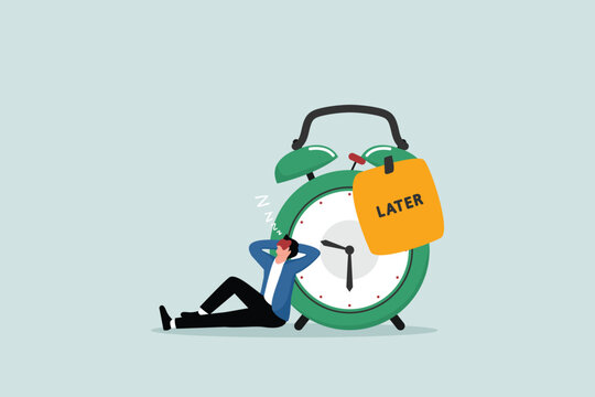 Procrastination, do it later, put it off until tomorrow, unproductive concept, lazy people go to bed without knowing when to wake up with a big sticky note saying "later" on the alarm clock.