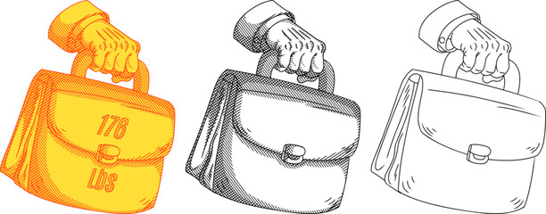 A conceptual etching-style vector set depicting a hand lifting a briefcase like a heavy kettlebell. Symbolizes professional burnout, extreme workload pressure, and corporate stress.