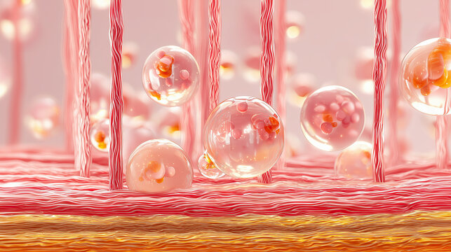 Microscopic view of pink skin cells with collagen bubbles showing healthy vibrant hydration structure layer with hair follicle roots