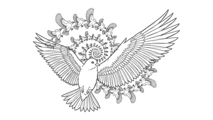 Obraz premium Soaring Illustration: A majestic bird takes flight, its wings gracefully spread against a backdrop of swirling floral patterns, a symphony of line and form. 