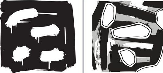 Fototapeta premium Grungy vector collection featuring bold black paint splashes, white drip effects, and abstract brushstrokes. Includes thick ink textures and organic, experimental shapes with a street-art vibe.