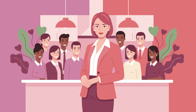 Confident female leader with her diverse supportive business team in a modern office