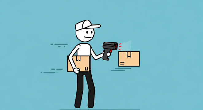 Delivery person scanning package with barcode reader cartoon illustration.